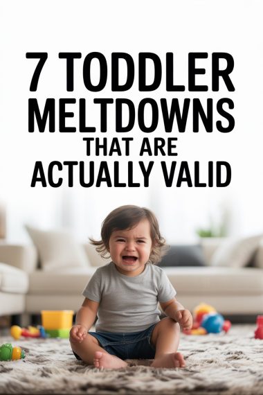 Toddler crying during a meltdown at home with toys and cozy living room background.