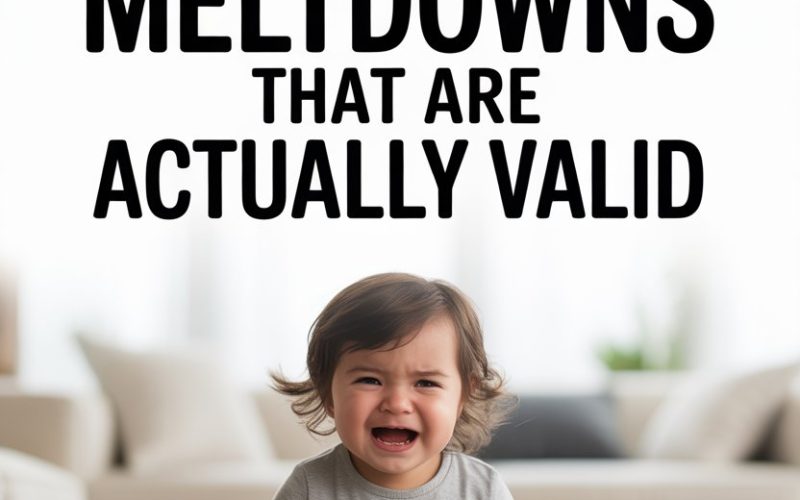 Toddler crying during a meltdown at home with toys and cozy living room background.