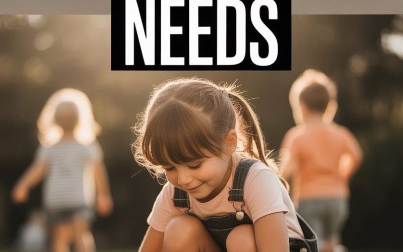 Young girl tying her shoelace outdoors, highlighting essential life skills for 7-year-olds.