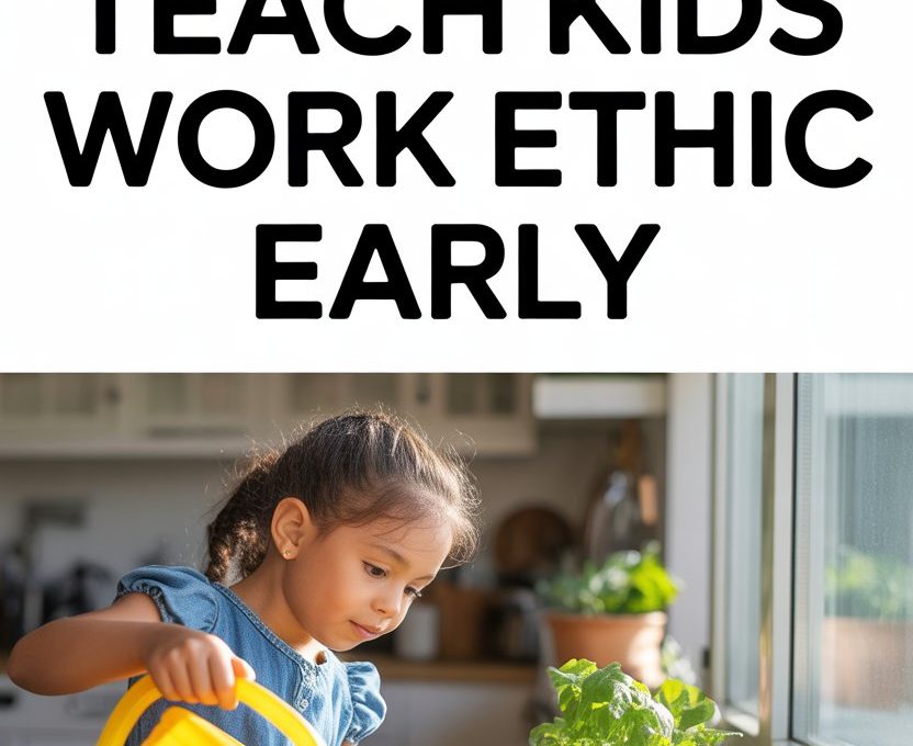 Young girl watering garden plants indoors to teach kids responsibility and work ethic early.