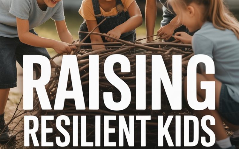 Children building resilience through outdoor play and teamwork in a sunny backyard.