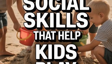 Children building a sandcastle at the beach, showcasing social skills and outdoor play.