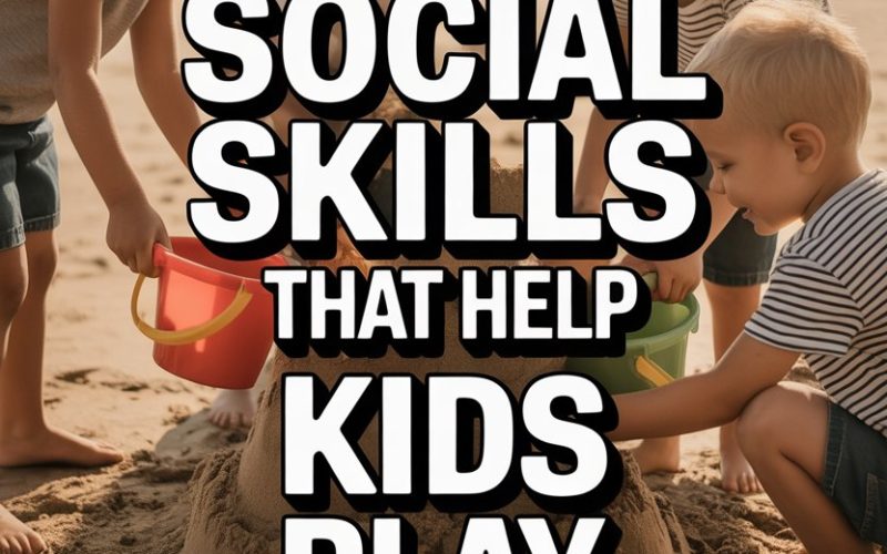 Children building a sandcastle at the beach, showcasing social skills and outdoor play.
