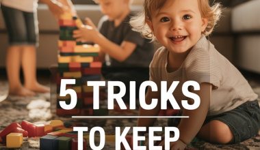 Kids playing together with building blocks and a happy toddler in a cozy home.