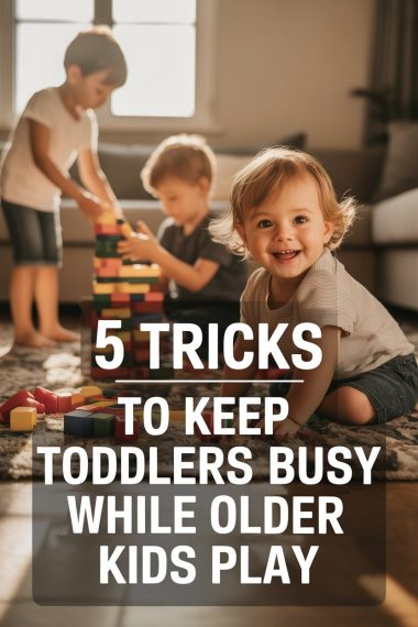 Kids playing together with building blocks and a happy toddler in a cozy home.