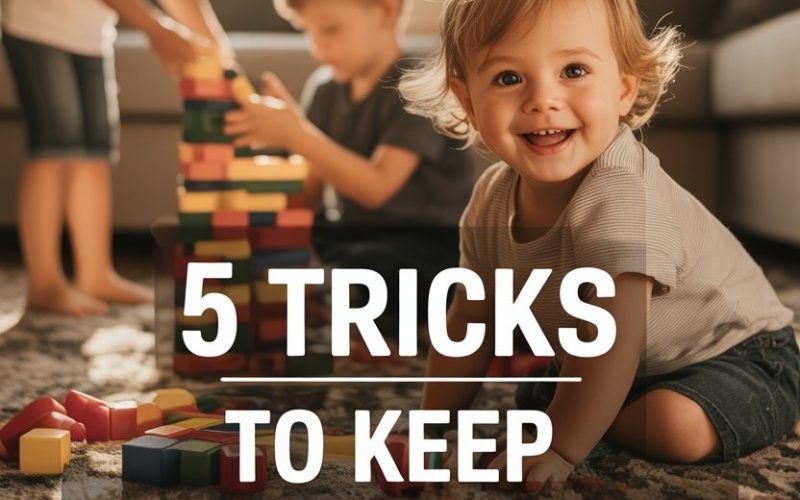 Kids playing together with building blocks and a happy toddler in a cozy home.