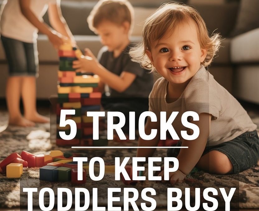 Kids playing together with building blocks and a happy toddler in a cozy home.