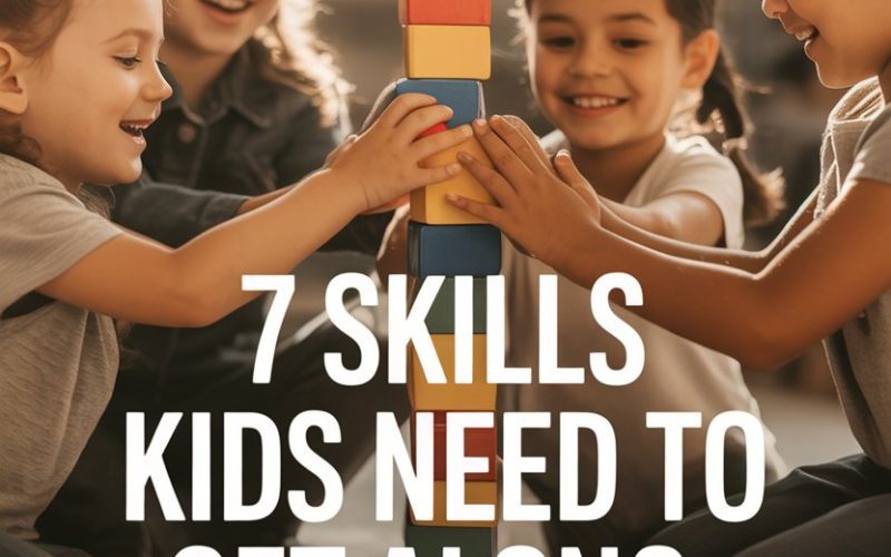 Children working together, stacking colorful blocks to develop teamwork and social skills.