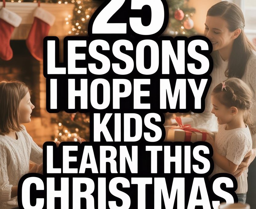 Christmas family scene with children, gift exchange, warm decor, festive holiday celebration.