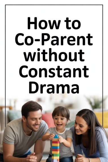 Happy family playing together in a cozy, nurturing living room, promoting healthy co-parenting and bonding.