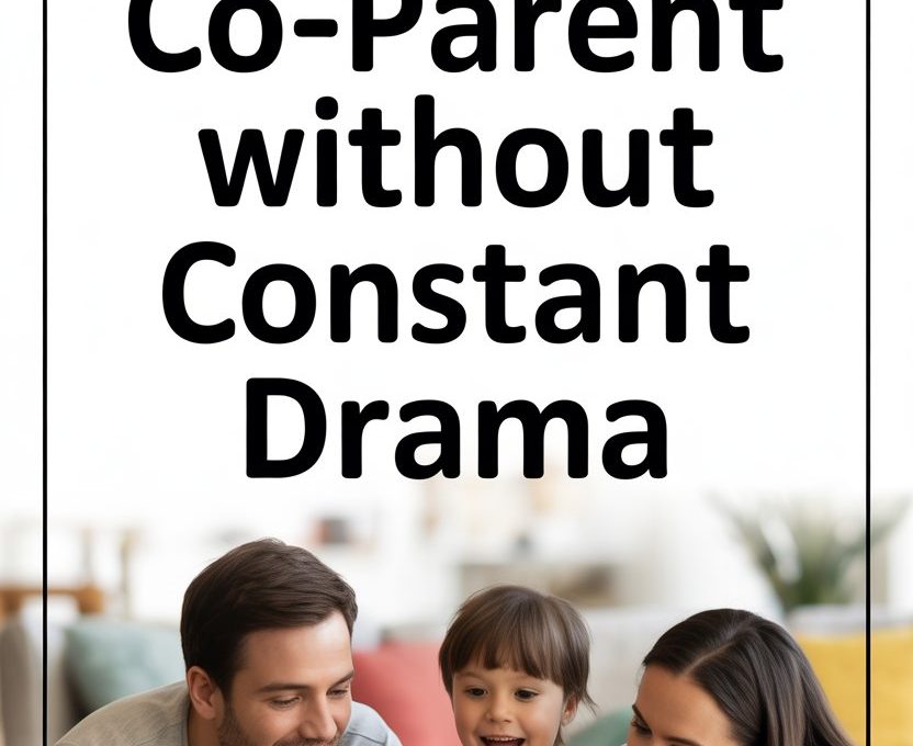 Happy family playing together in a cozy, nurturing living room, promoting healthy co-parenting and bonding.