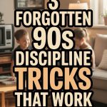 Cozy 90s family discipline tips in a warm living room with children and vintage decor.