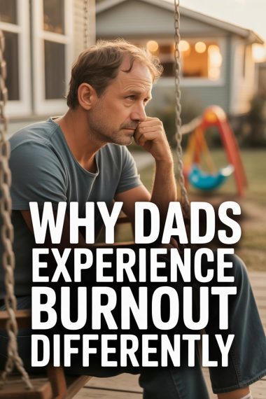 Middle-aged dad contemplating burnout on porch swing in a family-friendly suburban setting.