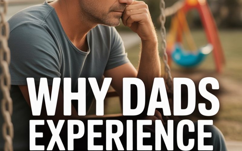 Middle-aged dad contemplating burnout on porch swing in a family-friendly suburban setting.