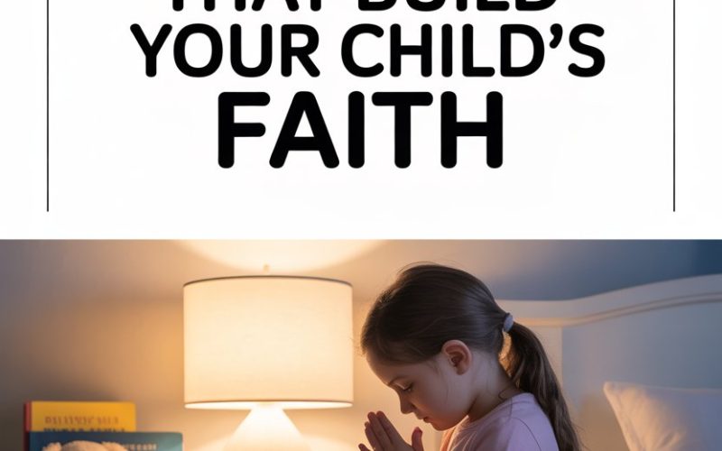 Child praying in bed promotes daily faith-building routines for spiritual growth.