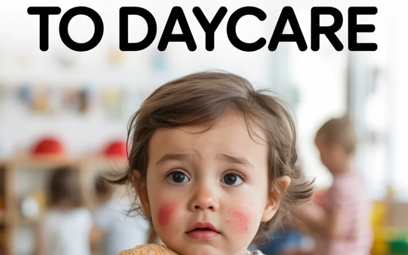 Child showing signs of distress and sadness at daycare, holding teddy bear for comfort.