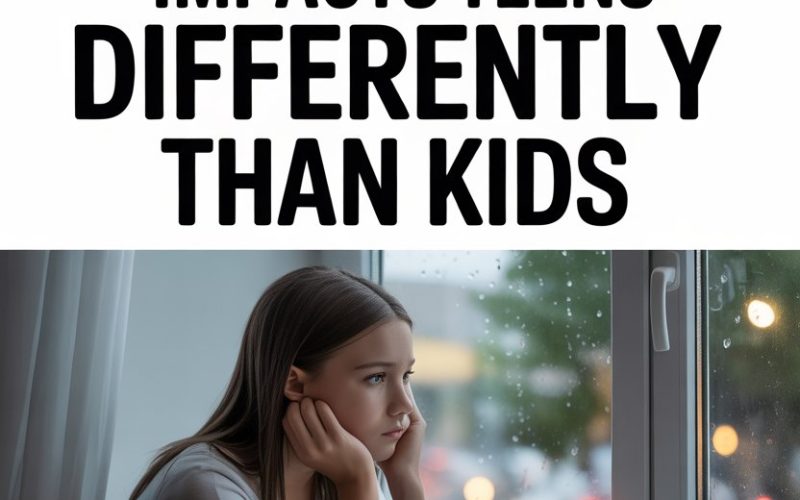 Teen emotional impact of divorce shown by thoughtful girl near rainy window.
