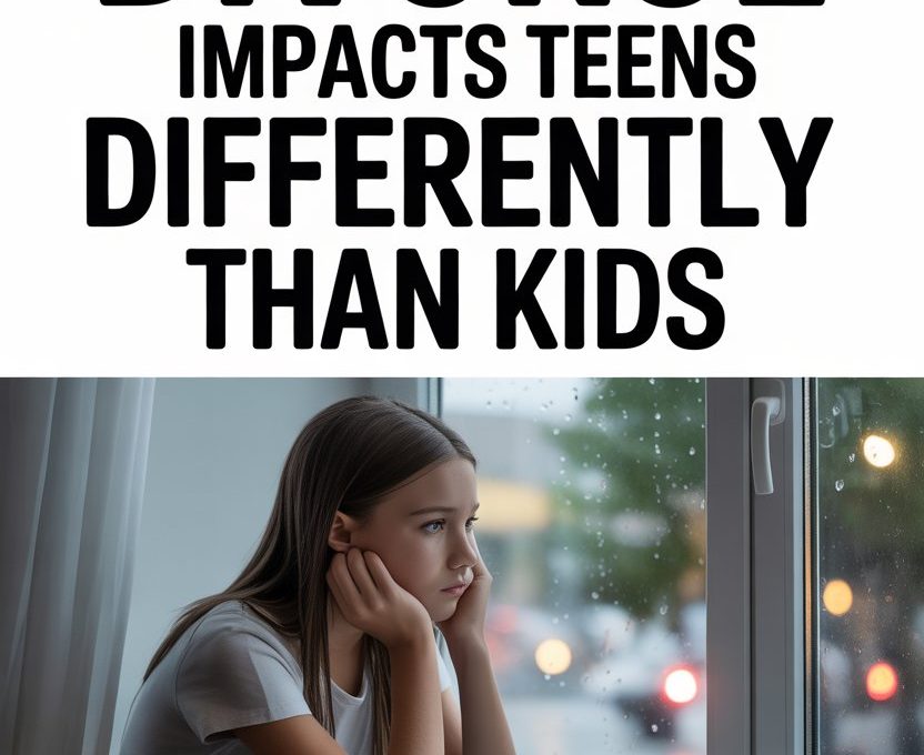 Teen emotional impact of divorce shown by thoughtful girl near rainy window.