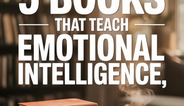 Books on Emotional Intelligence with cozy coffee and reading glasses in a warm, inviting setting.