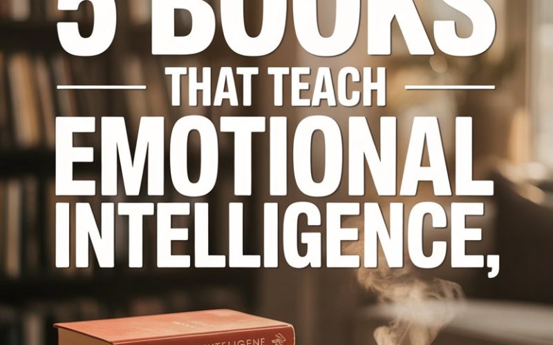 Books on Emotional Intelligence with cozy coffee and reading glasses in a warm, inviting setting.