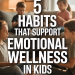 Children practicing mindfulness and emotional wellness activities in a cozy, nurturing home environment.