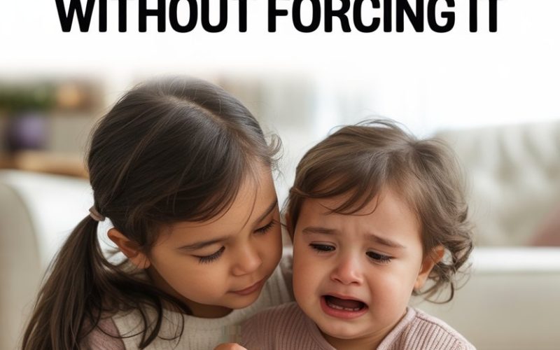 Young girl comforts crying toddler, demonstrating empathy and emotional support in a warm home setting.