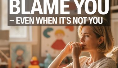 Contemplative mother feeling blamed by children in a cozy family home.