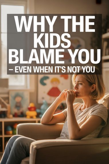 Contemplative mother feeling blamed by children in a cozy family home.