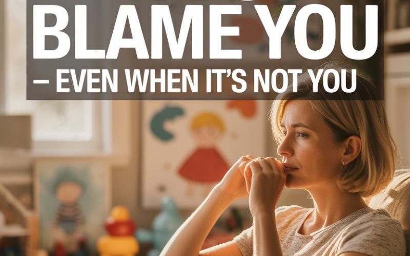 Contemplative mother feeling blamed by children in a cozy family home.