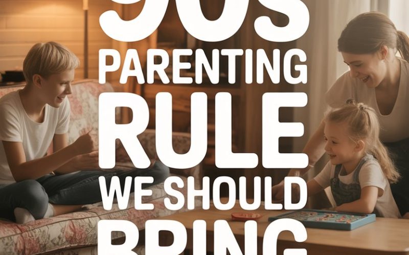 Family enjoying playful bonding time in cozy 90s-inspired living room.