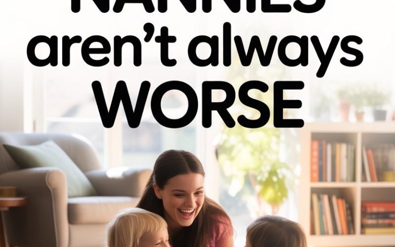 Happy children playing with a young nanny in a cozy, sunlit living room.