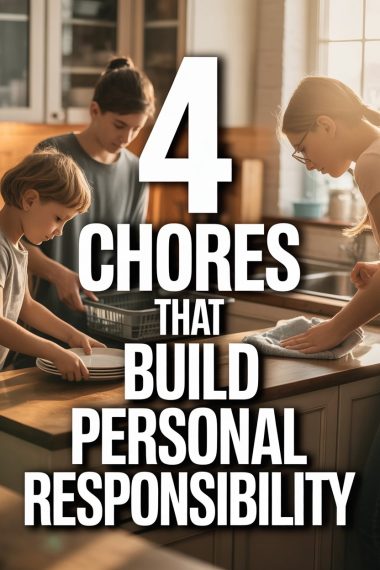 Family cleaning chores promoting responsibility and teamwork in a cozy kitchen setting.