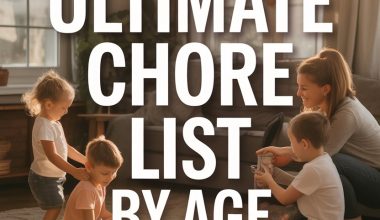 Family chores by age group, involving children in household tasks in a cozy, sunlit living room.
