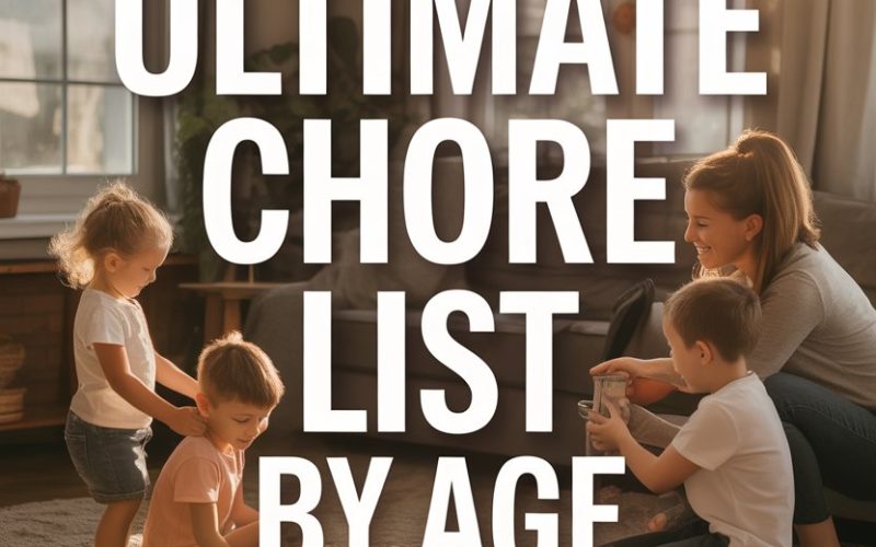 Family chores by age group, involving children in household tasks in a cozy, sunlit living room.