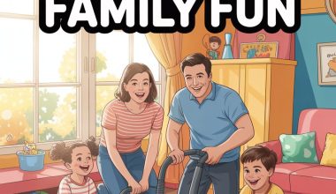 Happy family cleaning up toys together in a cozy, colorful living room for fun and teamwork.