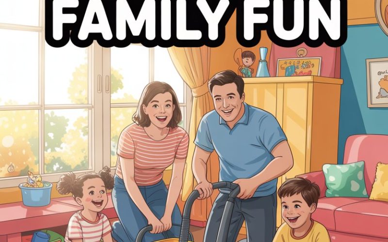 Happy family cleaning up toys together in a cozy, colorful living room for fun and teamwork.
