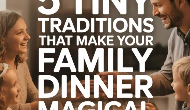Family enjoying a cozy, festive dinner with autumn leaves and warm lighting.