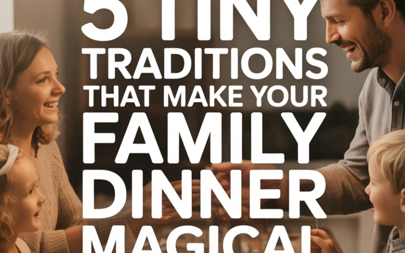 Family enjoying a cozy, festive dinner with autumn leaves and warm lighting.