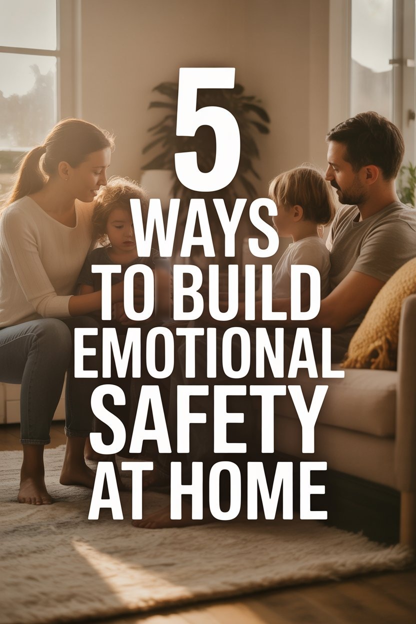 Family building emotional safety at home with loving interactions and cozy, modern decor.