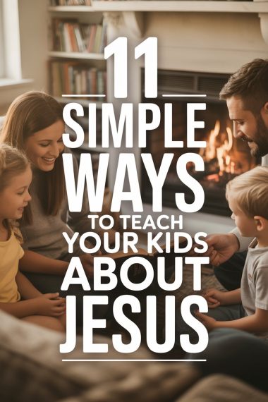 Family bonding and teaching kids about Jesus in a cozy, inviting living room.