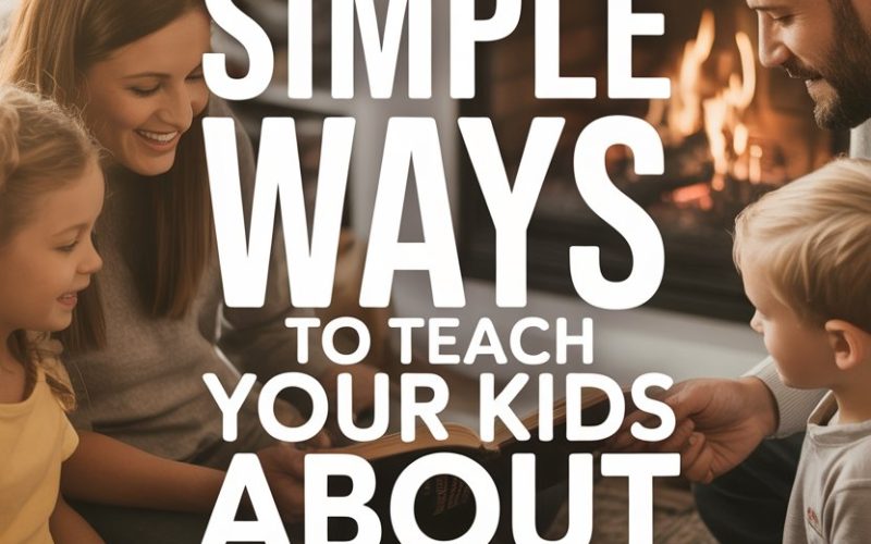 Family bonding and teaching kids about Jesus in a cozy, inviting living room.