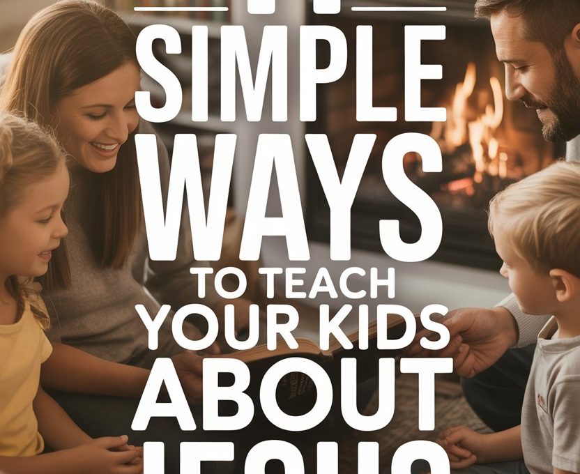 Family bonding and teaching kids about Jesus in a cozy, inviting living room.