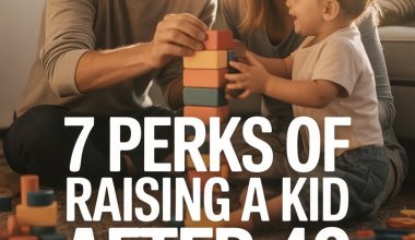 Smiling family enjoying playful wooden block game after 40, highlighting parenthood perks and bonding moments.