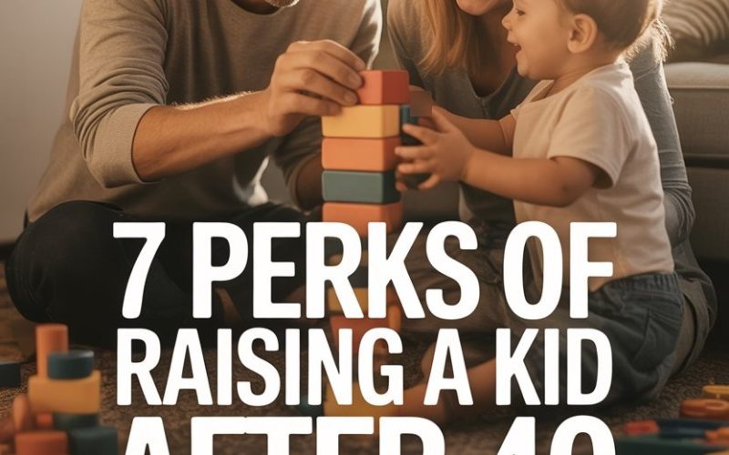 Smiling family enjoying playful wooden block game after 40, highlighting parenthood perks and bonding moments.