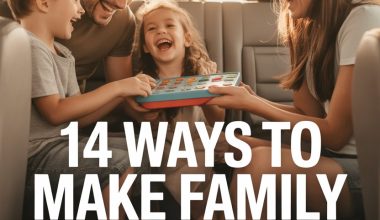 Happy family bonding during a joyful road trip with kids and parents in the car.