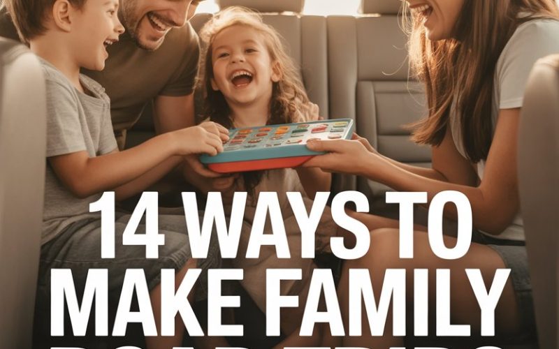 Happy family bonding during a joyful road trip with kids and parents in the car.