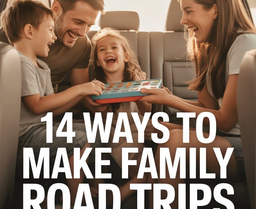 Happy family bonding during a joyful road trip with kids and parents in the car.