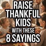 Family enjoying a gratitude-filled meal with children and thankful sayings for kids.