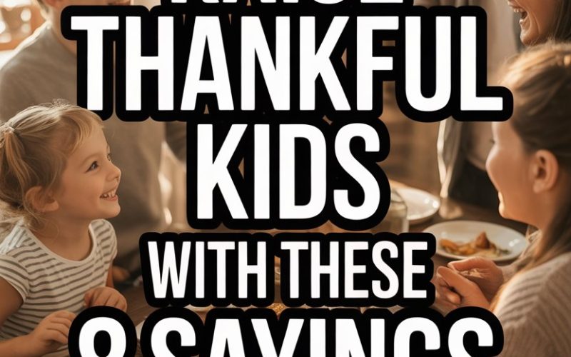 Family enjoying a gratitude-filled meal with children and thankful sayings for kids.