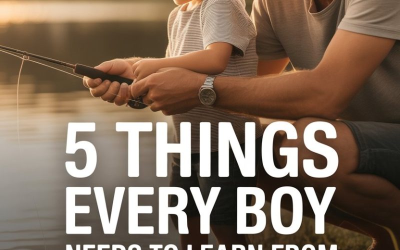 Father and son bonding while fishing at sunset by a peaceful lake.